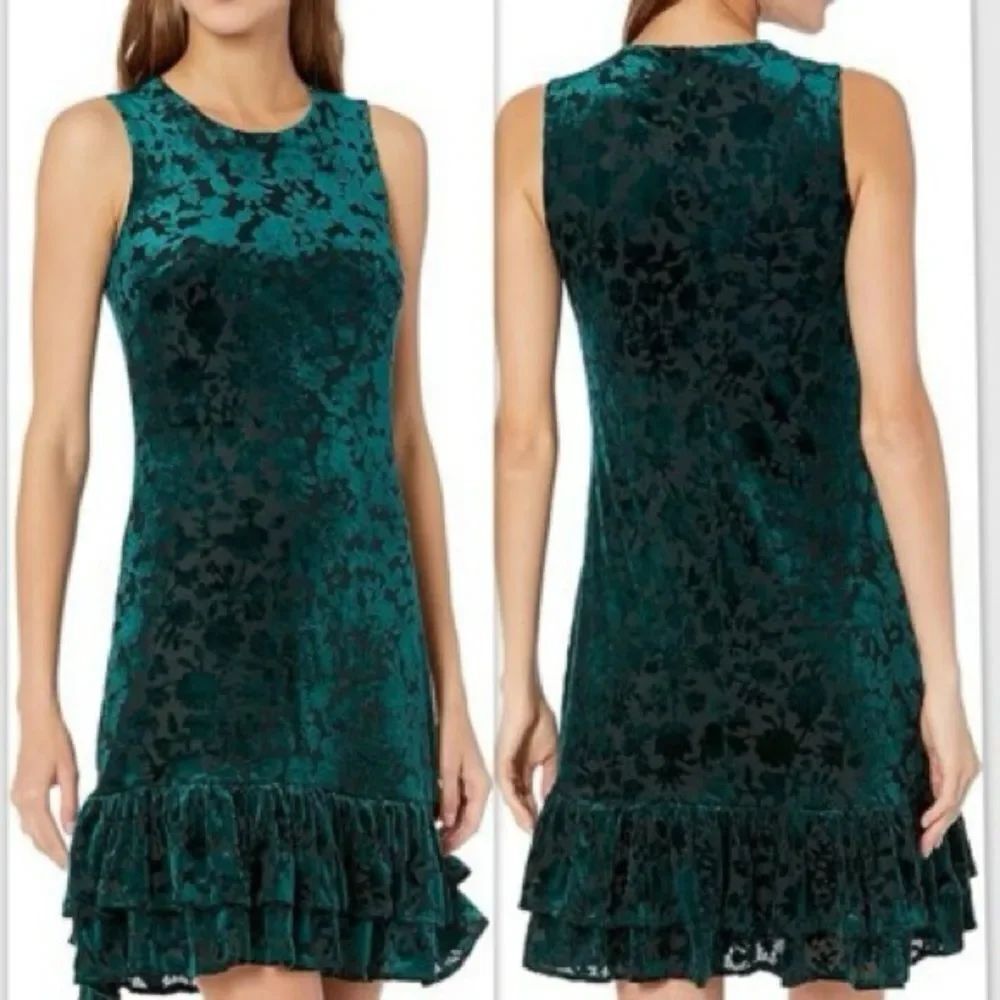 NWT Tommy Hilfiger Velvet Green Burnout Floral Green Ruffle Hem Dress 10
